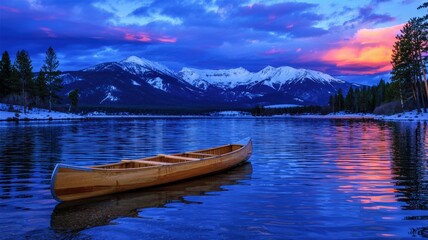 Obraz premium Serene mountain lake with wooden boat dock during peaceful blue hour twilight