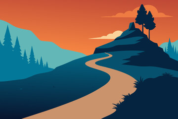 Winding mountain path through a stylized landscape at sunset