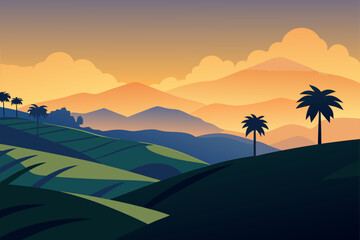 Serene tropical landscape with rolling hills and vibrant sunset sky