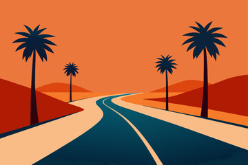 Stylized desert highway lined with palm trees under a vibrant orange sky