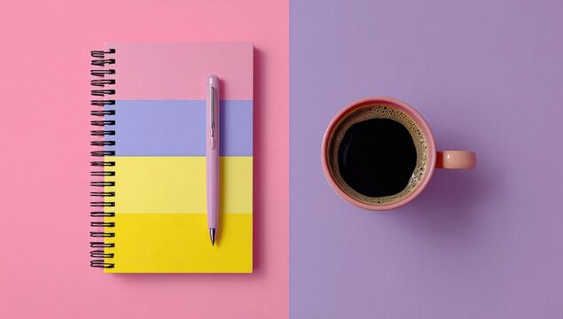 Pastel notebook, pen, and coffee cup on a two-toned background
