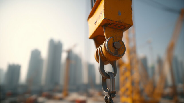 closeup of crane head at construction site, buildings in the background