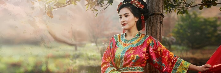 Fototapeta premium Traditional Cultural Portrait of Woman in Colorful Ethnic Costume