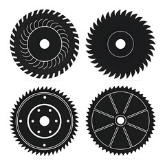 Four circular saw blades with sharp teeth in a black and white graphic style
