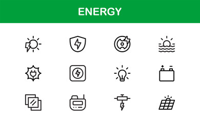Modern Energy Icon Pack with Minimal Vector Line Style Including Solar, Wind, Battery, Electric, and Eco Symbols