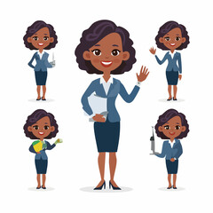 Fototapeta premium Vector character set of a young businesswoman in various poses with a laptop and coffee. Office employee in business attire, front and side views.