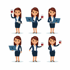 Professional Black businesswoman character kit in flat design style. Set of a female office worker with various poses and gestures.