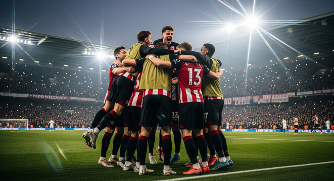 Victorious soccer team celebrates winning goal with ecstatic fans in packed stadium under bright lights
