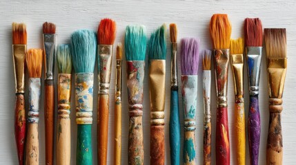 Obraz premium A collection of paintbrushes featuring a spectrum of colors, resting on a textured wooden surface, ready for creative artistic endeavors. Each brush displays unique hues and textures.