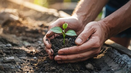 Hands gently protecting young green plant seedling growing from rich dark soil