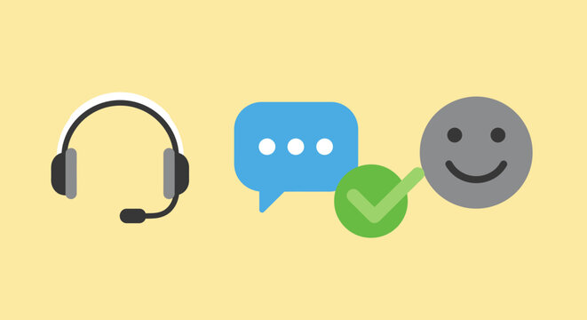 Illustration showing a headset, chat bubble, and smiley face connected by a green checkmark, representing customer service or support.