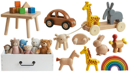 Naklejka premium Wooden toys collection for kids educational play and nursery decor set png isolated on white background