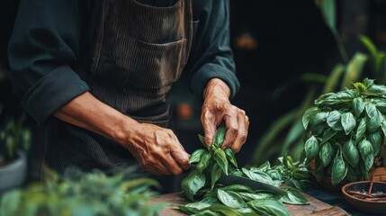 Person cutting fresh basil leaves.