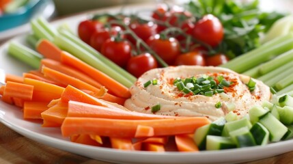 A platter of colorful crudit featuring crisp carrots celery bell peppers and cherry tomatoes with creamy hummus for dipping.