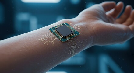 Futuristic Human Augmentation: Microchip Implant on Arm with Circuitry Overlay