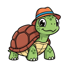 Obraz premium Cute cartoon turtle character wearing an orange hat. Adorable smiling tortoise mascot illustration isolated on a white background.