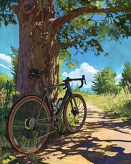 Fototapeta premium Bike by Tree on Path, for Wellness, Blue Sky, Forest Nature Background, Relaxation
