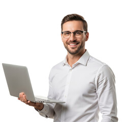 Smiling young man in a white shirt and glasses holds a laptop, conveying professionalism and digital expertise. Perfect for business and tech visuals.