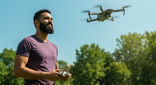 A bearded man operating a modern drone with a remote control under a clear blue sky, surrounded by green trees.