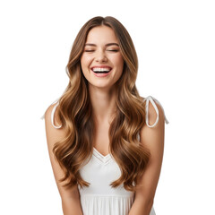 A beautiful young woman with long wavy brown hair laughs heartily with her eyes closed, expressing pure joy and happiness.