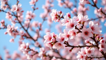 Blooming Cherry Blossoms with Soft Blue Bokeh Background