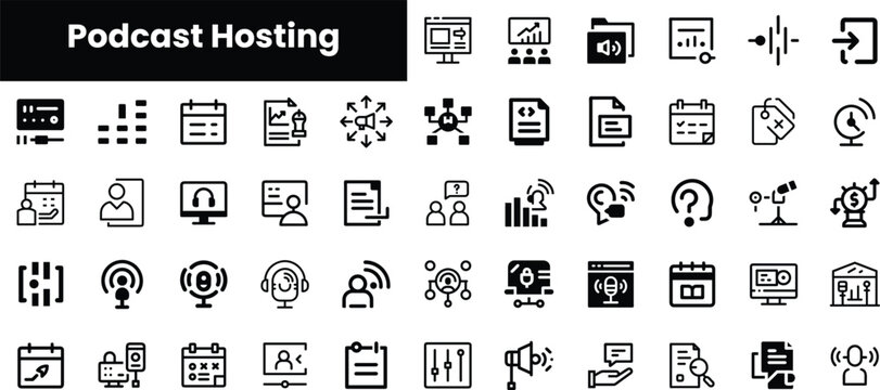 A collection of black and white icons representing podcast hosting, including microphones, headphones, charts, and documents for a modern digital theme.