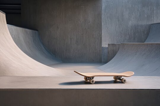 Skateboarding deck is on the concrete floor, walls in the background for a skate park - Powered by Adobe