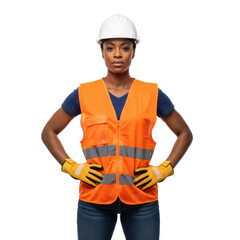A confident black woman construction worker stands with hands on hips, wearing a white hard hat, orange safety vest, and yellow gloves.