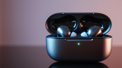 wireless earbuds in a sleek charging case. Sleek black earbuds in an open charging case