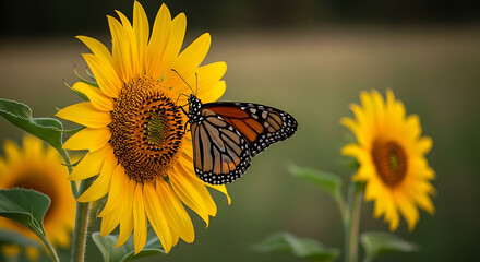 A stunning monarch butterfly with orange and black wings rests on a vibrant yellow sunflower in a sun-drenched summer field.