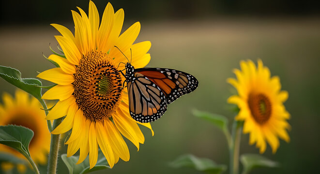 A stunning monarch butterfly with orange and black wings rests on a vibrant yellow sunflower in a sun-drenched summer field. - Powered by Adobe