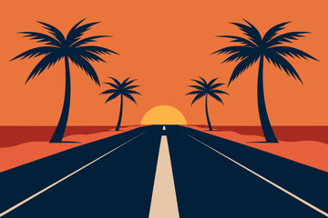 A scenic road lined with palm trees leads towards a vibrant sunset over a desert landscape