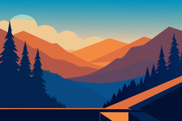 Serene mountain landscape at sunset with layered blue peaks and warm orange sky