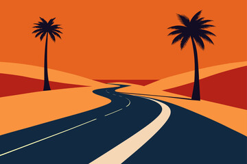 Stylized desert highway lined with palm trees under a vibrant orange sky