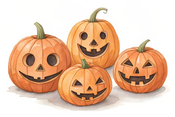 Four carved halloween pumpkins with spooky faces, traditional autumn decoration, watercolor illustration isolated on transparent background