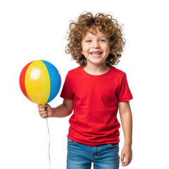 A cheerful young boy with curly hair smiles brightly, holding a vibrant red, yellow, and blue beach ball.