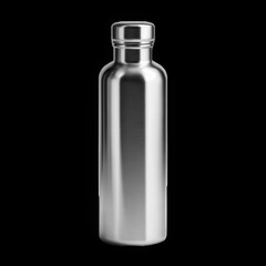 A sleek stainless steel water bottle stands against a stark black backdrop in the studio