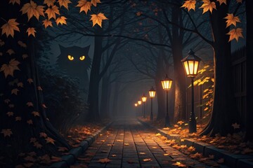 Fototapeta premium A mysterious black cat with glowing eyes watches from a dark, foggy forest path lined with lanterns during autumn