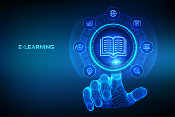 E-learning. Innovative online education and internet technology concept. Webinar, teaching, online training courses. Skill development. Wireframe hand touching digital interface. Vector illustration.