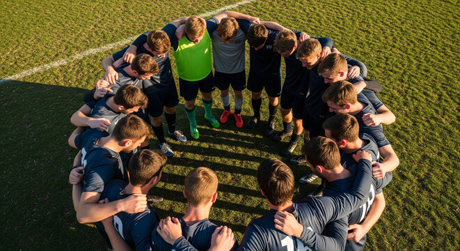 Determined soccer team huddled together on field, united and focused on achieving success as a group
