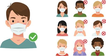 Proper and improper mask wearing, health safety guide, illustrated tips for COVID-19 prevention, cad drawing flat vector illustration, protection