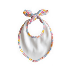 A soft cotton baby bib with a colorful patterned trim and tie closure, perfect for mealtime isolated on transparent background