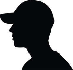 Cad drawing flat vector illustration, black silhouette of person wearing cap, side profile, minimal design, graphic art, isolated background