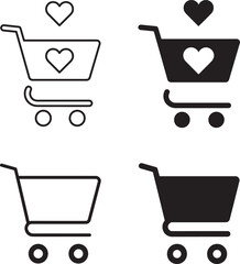 Shopping Cart Icons with Hearts Outline and Solid Black Designs for E commerce
