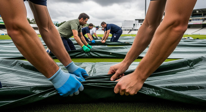 Dedicated grounds crew covers cricket pitch during inclement weather for optimal playing conditions today