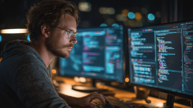 Focused individual working on multiple computer screens, analyzing code and data in dimly lit environment, showcasing tech savvy atmosphere