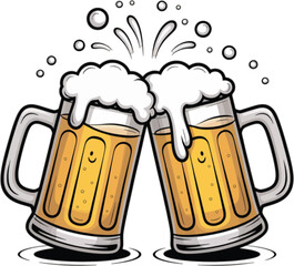 Two frothy beer mugs clinking together with splashing foam and bubbles toasting celebration