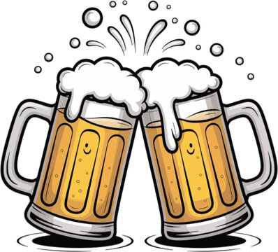 Two frothy beer mugs clinking together with splashing foam and bubbles toasting celebration