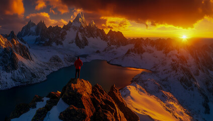 A beautiful image of a lone climber standing on a rugged mountain peak at sunrise, looking down on a tranquil alpine lake and the surrounding snow-capped mountains.