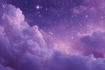 Vibrant purple and pink nebula cloud background filled with glowing stars, creating a dreamy and fantastical outer space sky scene with cosmic light, soft gradients, and a magical atmosphere